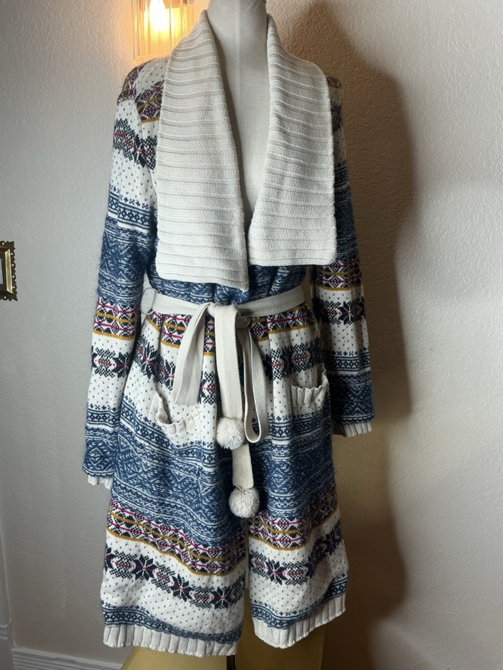 Elodie for Anthropology - Cream & Navy Fair Isle Knit Robe with Belt